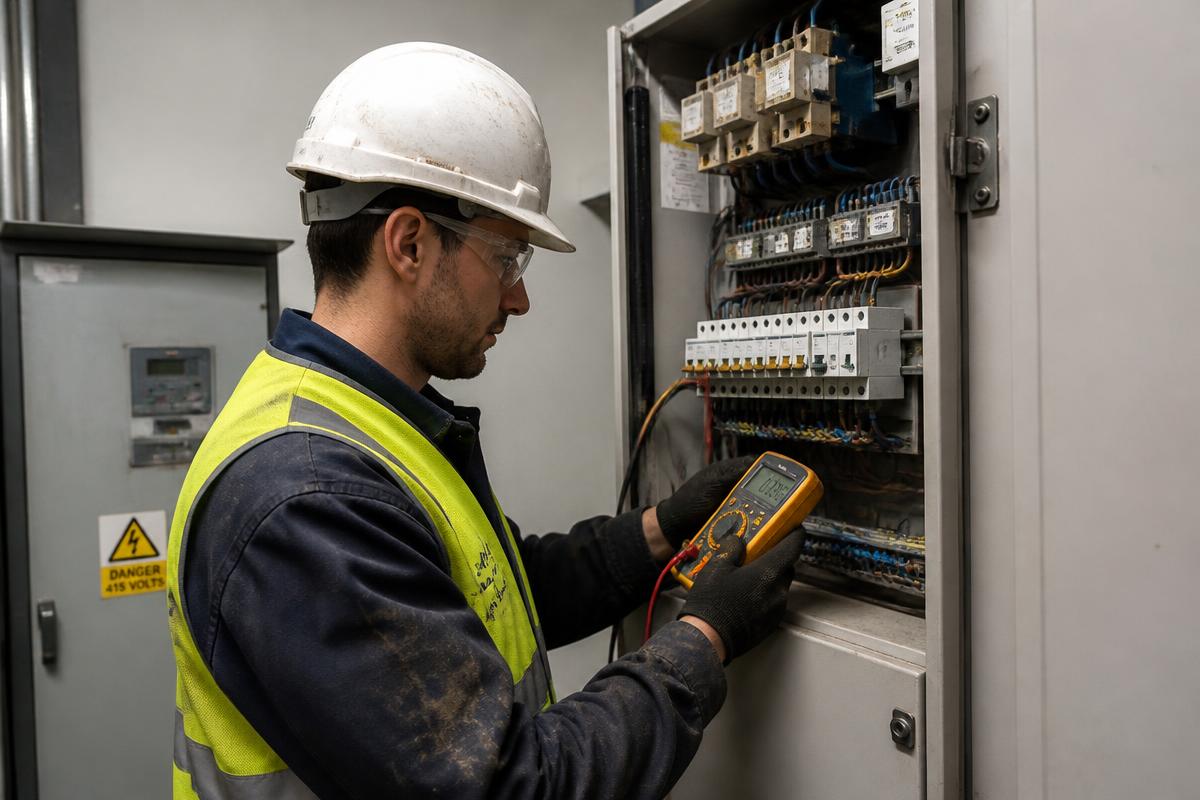 Electrical engineer testing a distribution board with a multimeter